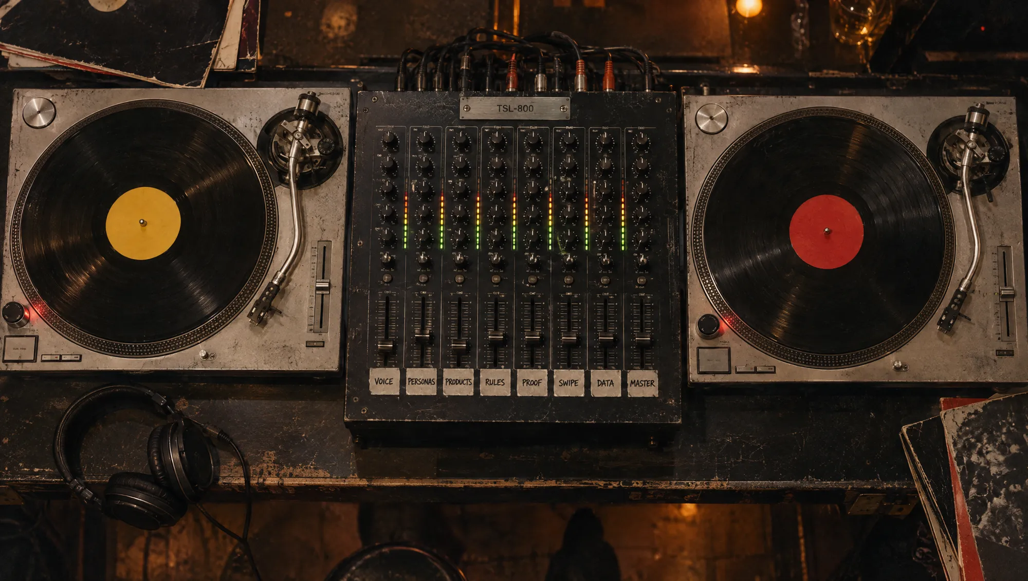 A DJ booth from above: two silver turntables, one with a yellow record and one with a red record, around a TSL-800 mixer whose eight channels are labeled on masking tape: Voice, Personas, Products, Rules, Proof, Swipe, Data, Master