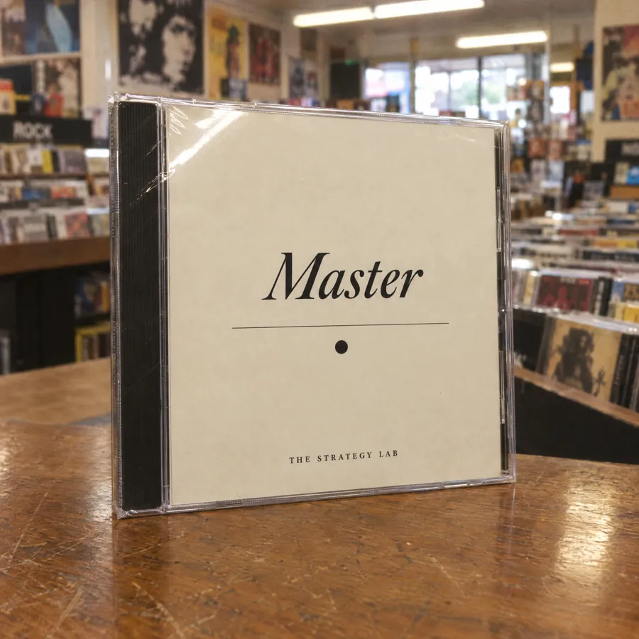 A CD in its jewel case on a record store counter: minimal cream cover titled Master