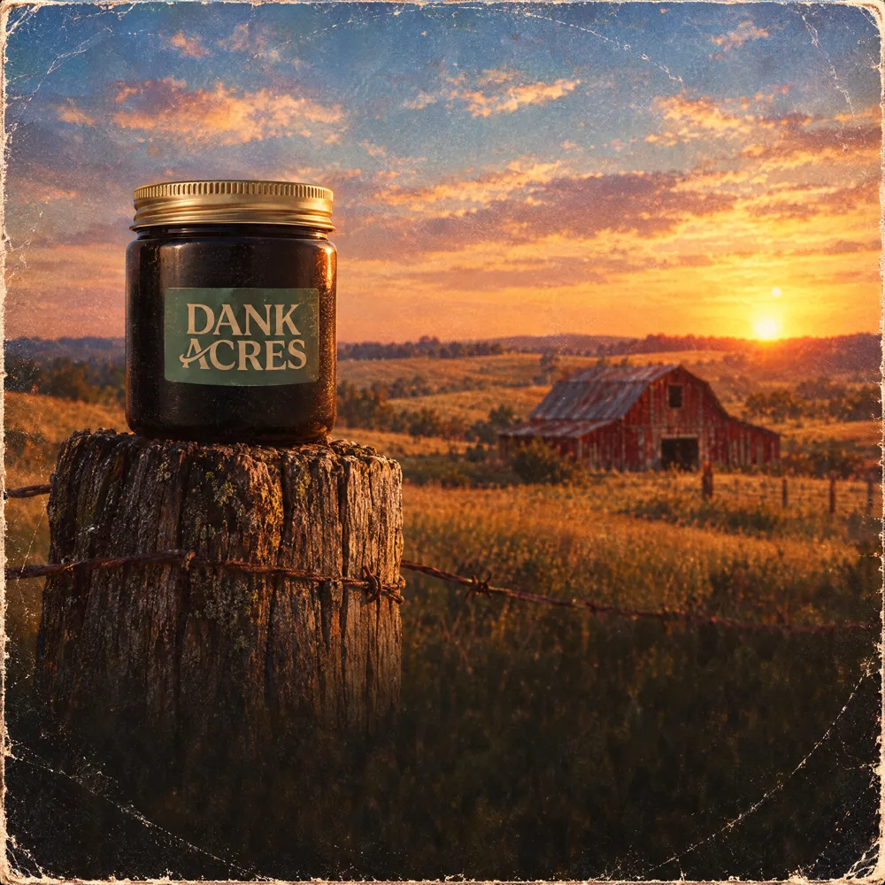 Dank Acres album cover: a jar on a fence post over farmland at sunset