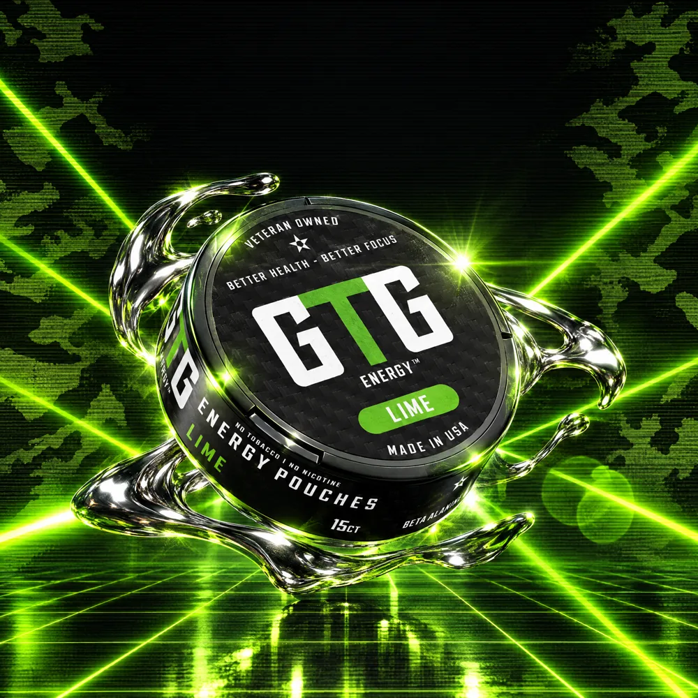 GTG Energy album cover: a chrome pouch tin in green rave lasers