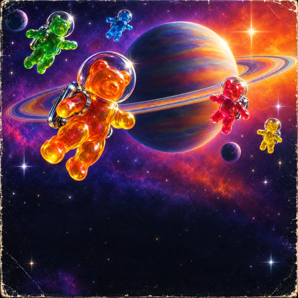 Cosmic Space Bears album cover: gummy bear astronauts orbiting a ringed planet